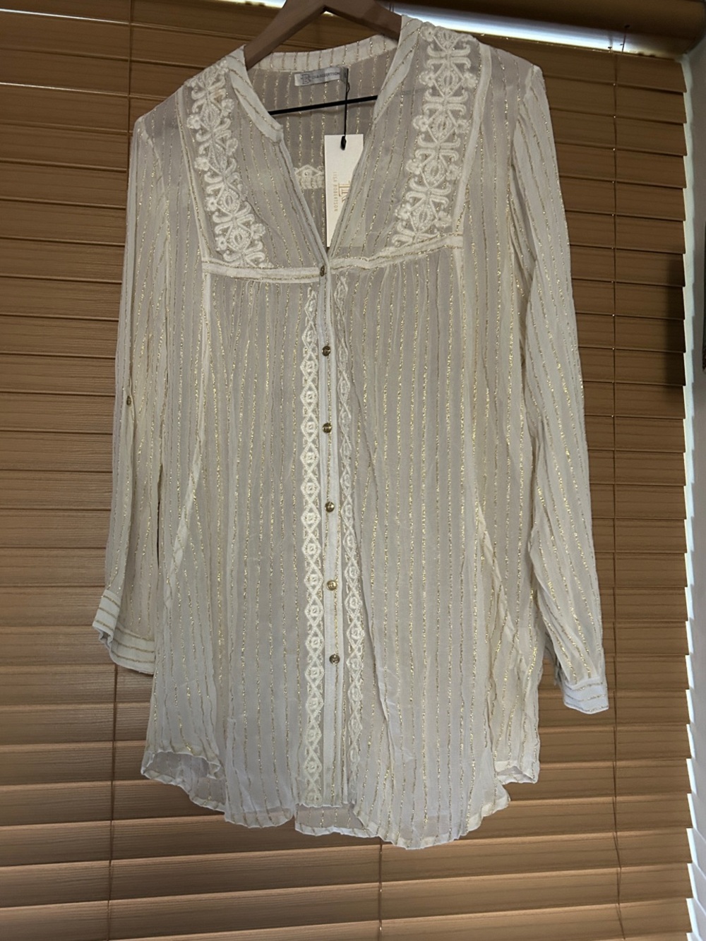 Lisa Robertson: Light Cream Lace-Trim Button Front :Women's Blouse: XL